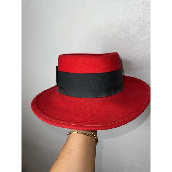 Halston Wool Red Black Bow Fedora Hat 5923 100% Wool Vintage Style Round - Picture 5 of 6